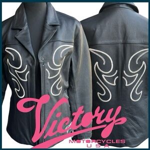 NWOT Victory Motorcycle Black Western Flame Wings Leather Jacket (M)